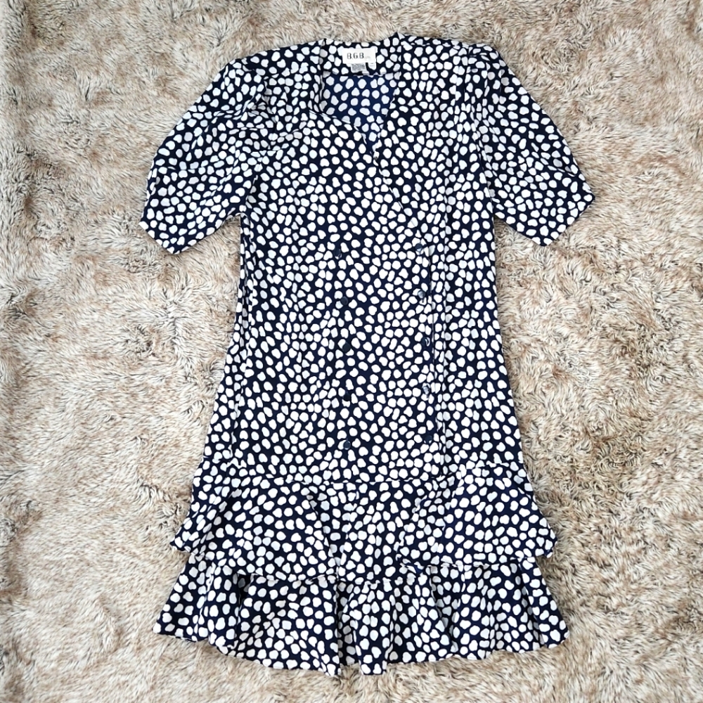 Vintage B.G.B. LTD Polka Dot Midi Dress Short Sleeve Navy Blue and White Size 12